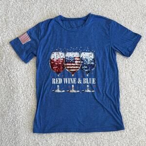 Women’s Blue Patriotic Graphic T-Shirt (size S) “Red, WINE & Blue”, 4th of July